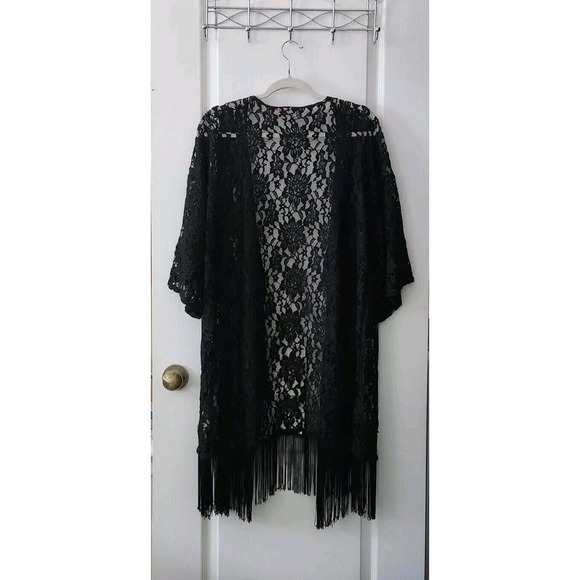 Lularoe Women's Floral Lace Kimono With Fringes Waterfall Open Front Black Sz L - Picture 3 of 5